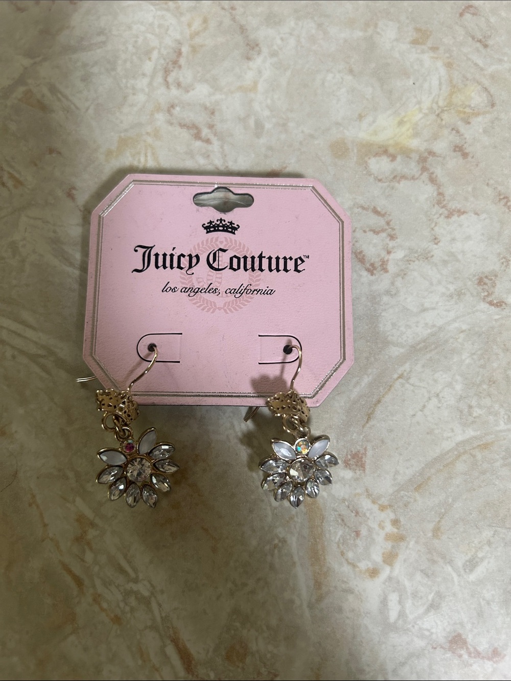 Juicy Couture Gold-Tone Crystal Floral Drop Earrings with Clear Stones